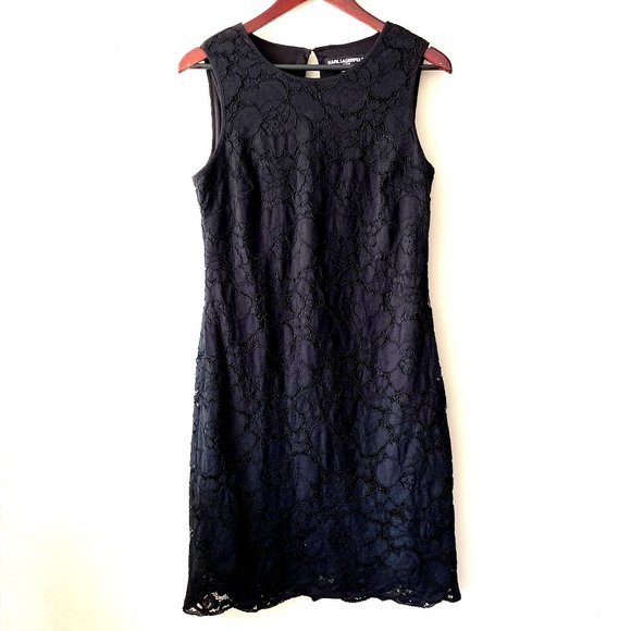 🔥 Karl Lagerfeld Paris | Black Floral Lace Overlay Sheath Cocktail Dress Sz 8 - Picture 1 of 8